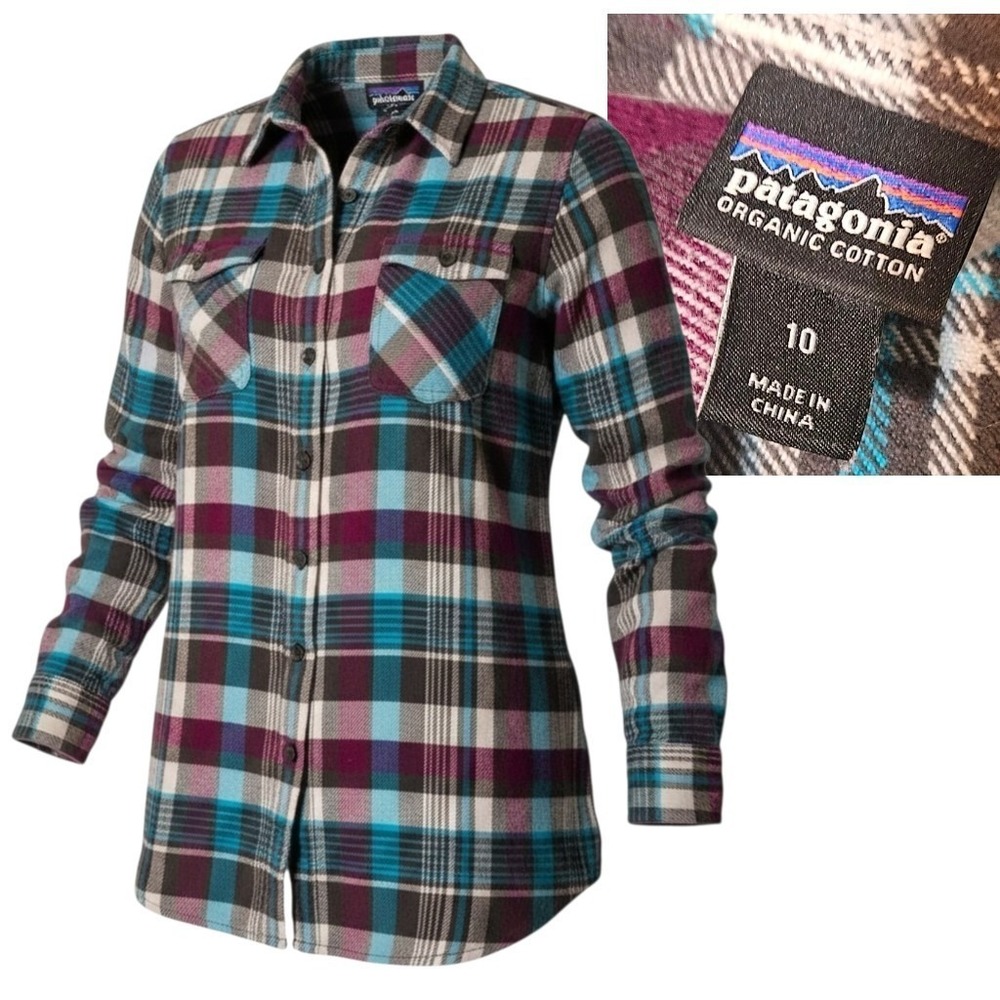 Patagonia Organic Cotton Plaid Flannel Shirt Women 10 Blue Pink Gray Outdoor